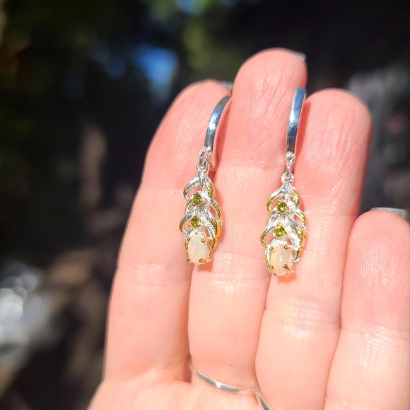Opal & Peridot sterling & gold feather earrings - Picture 7 of 8